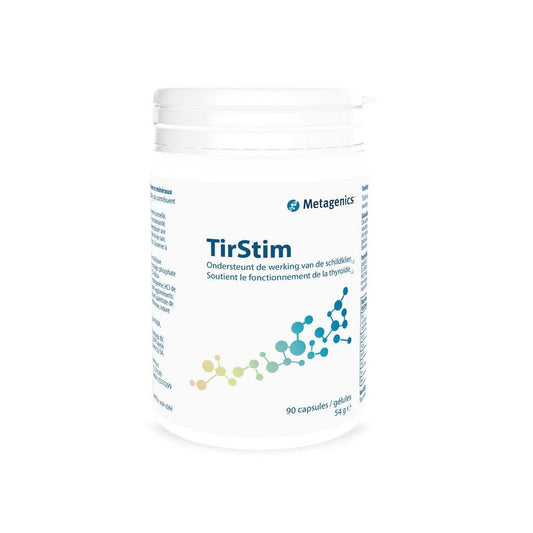 Metagenics Tirstim 90 capsules, multivitamin supplement in a clear bottle with capsules visible inside.