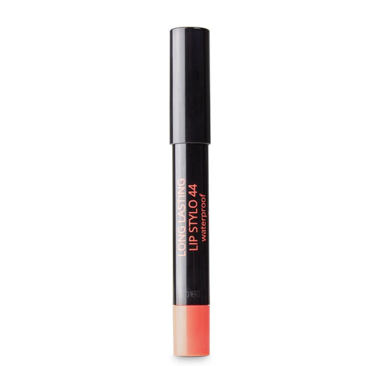 John van G Lip Stylo 44 long-lasting makeup product with swatched color on lips, showcasing smooth texture and vibrant finish.