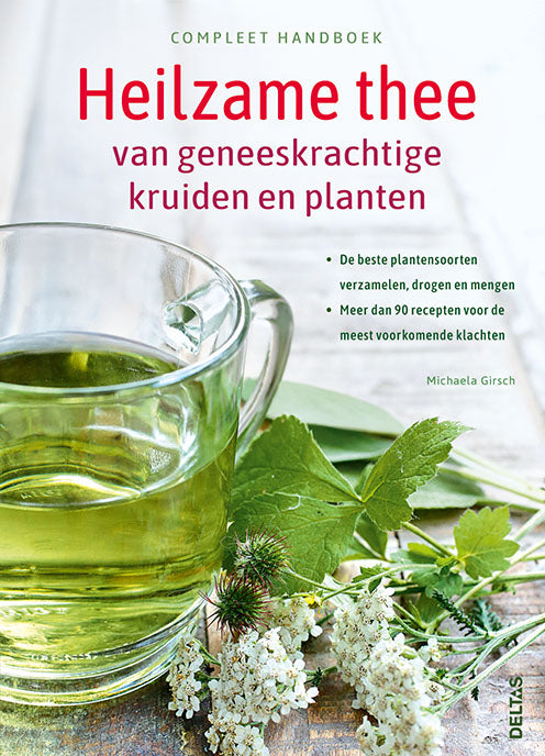 Deltas Handboek heilzame thee book showing herbal tea recipes and health benefits, cover featuring green and herbal imagery