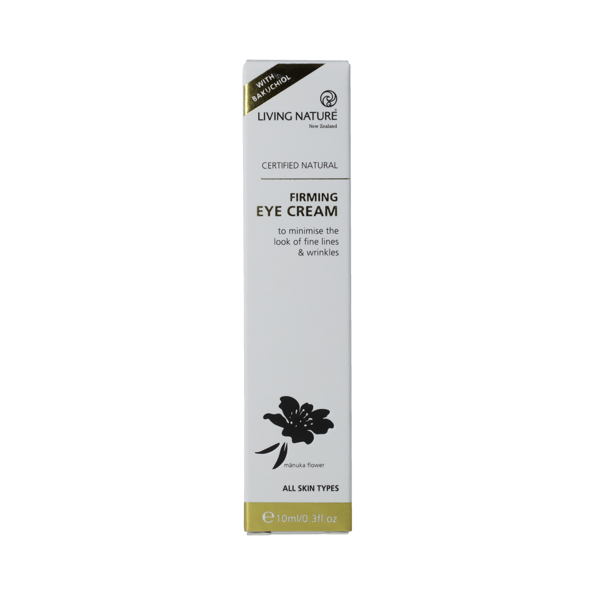 Living Nature oogverzorging oogcreme verstevigend in 10ml, featuring a tube with product label and applicator tip for delicate eye area care.