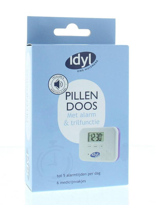 Idyl Op=Op pill organizer with alarm and vibration, 6 compartments, compact medication storage box with digital alarm and alert features.