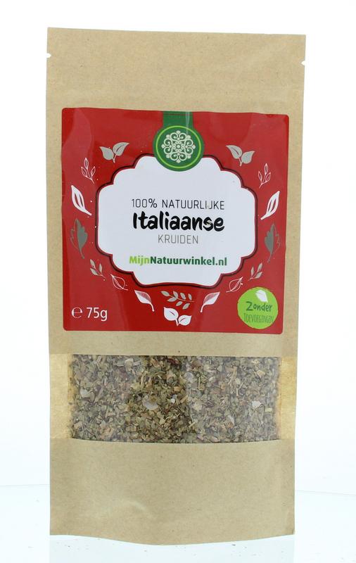 MijnNatuurwinkel Italiaanse kruiden 75g, a blend of aromatic herbs for cooking, displayed in a clear jar with herbs visible inside.