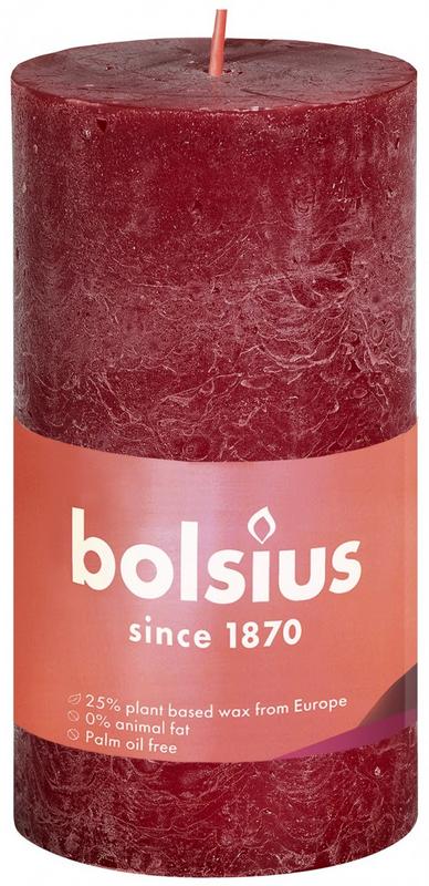 Bolsius Rustiekkaars Shine velvet red candle, 100/50 size, showing a smooth red wax surface and a lit wick.