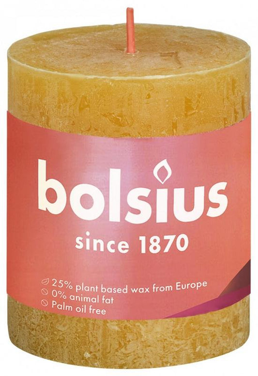 Bolsius Rustiekkaars Shine 80/68 honeycomb yellow candle, natural wax with textured surface, single decorative candle.