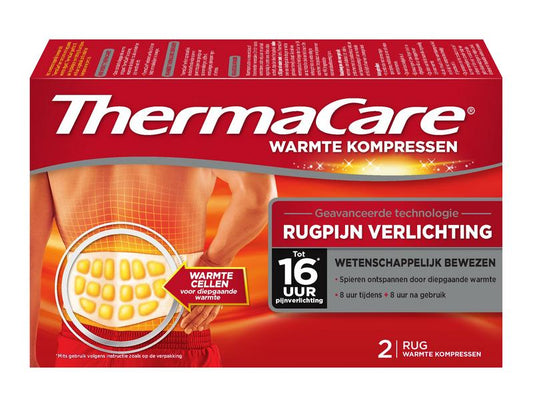 Thermacare warm and cold compresses for back pain relief, 2-pack, showing flexible gel packs in a clear container.