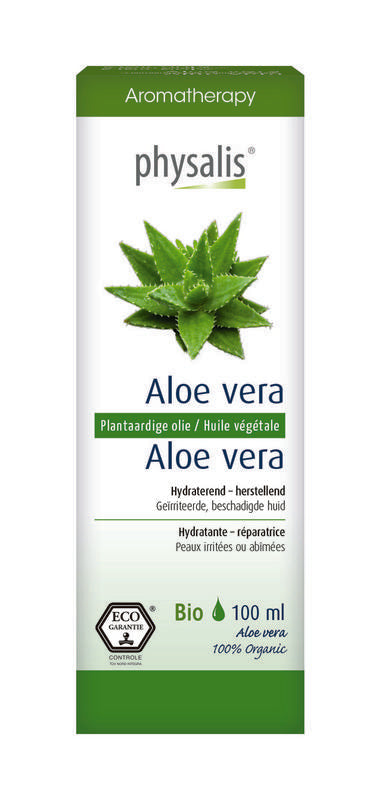Physalis Aloe Vera body oil in a 100ml bottle, natural skincare product with clear labeling and a dropper cap.