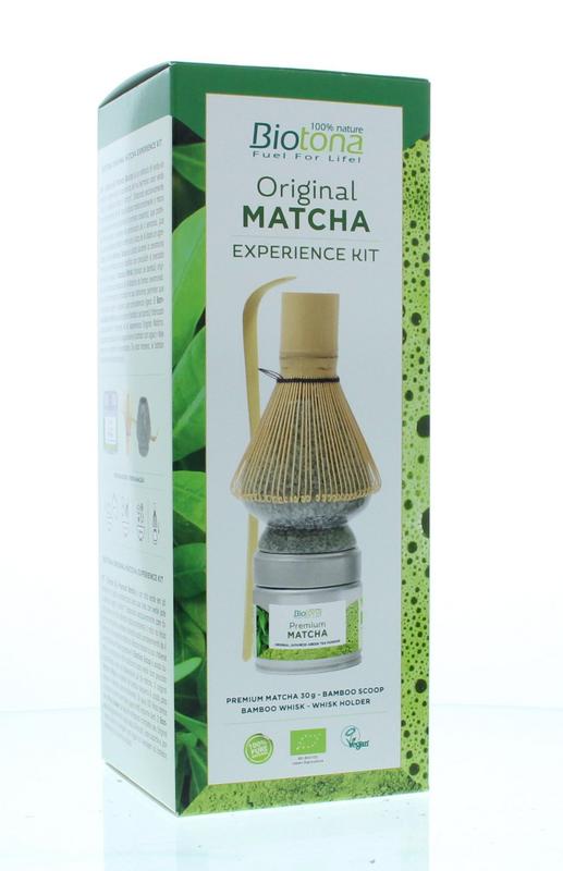 Biotona Matcha Experience Kit with grey and green packaging, including matcha tea powder and accessories, for a premium tea experience.