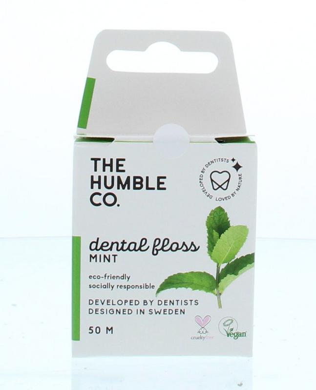 The Humble Co dental floss with fresh mint flavor, 50 meters, in a clear packaging, used for oral hygiene and flossing.
