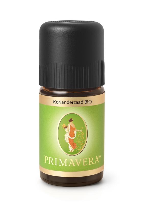 Primavera organic coriander seed essential oil in a 5ml bottle, showing clear glass container with oil inside.