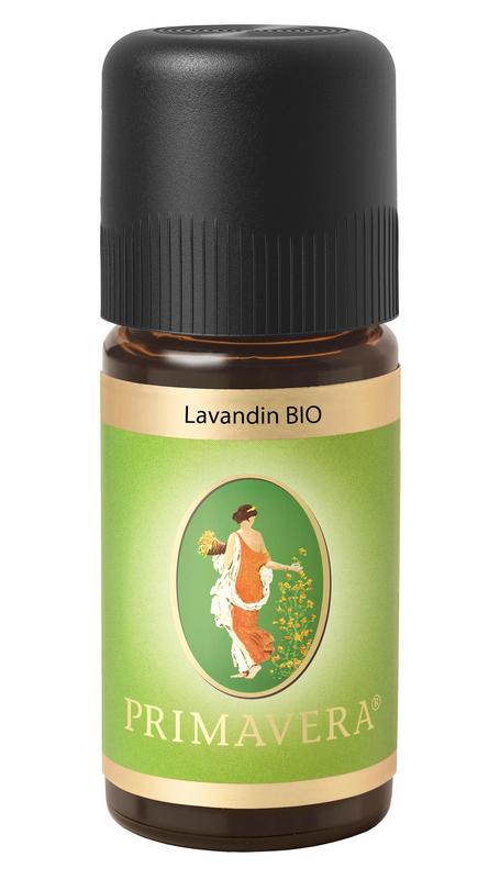 Primavera Lavandin bio essential oil in a 5ml glass bottle, highlighting the dropper cap and label with product details.