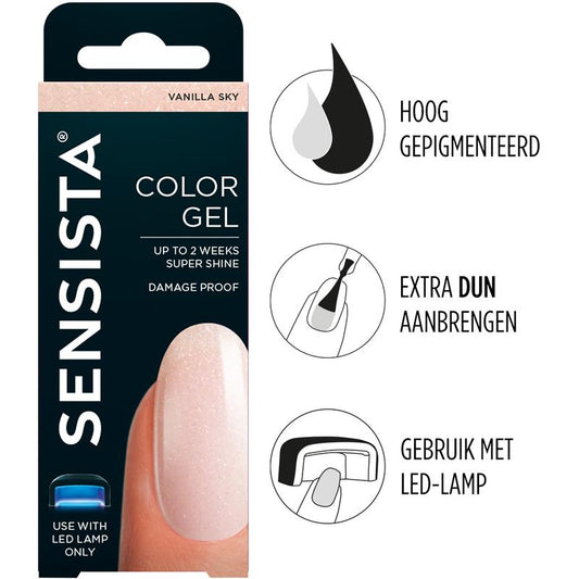 Sensista Color Gel Vanilla Sky makeup tube, 7.50ml, with blue and yellow swirls on the label, showing the cosmetic container.