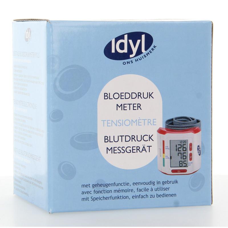 Idyl blood pressure monitor for wrist, with cuff and display, used for measuring blood pressure at home.