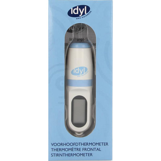 Idyl forehead thermometer, front temperature gun, digital thermometer for adults and children, close-up view of device.