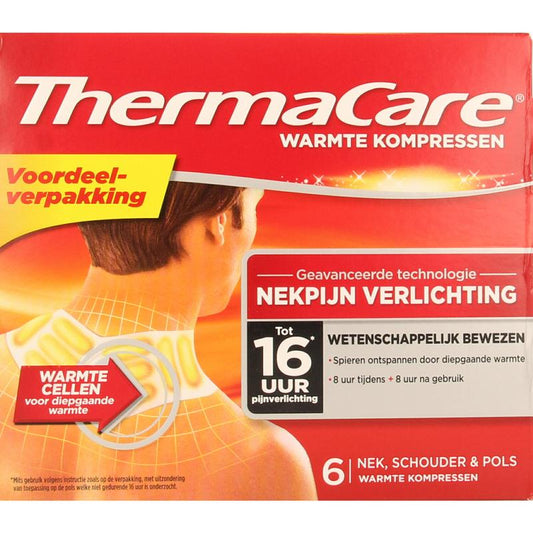 Thermacare Promopack heat wraps for neck, shoulder, and wrist pain relief, featuring six therapeutic patches for muscle and joint pain.