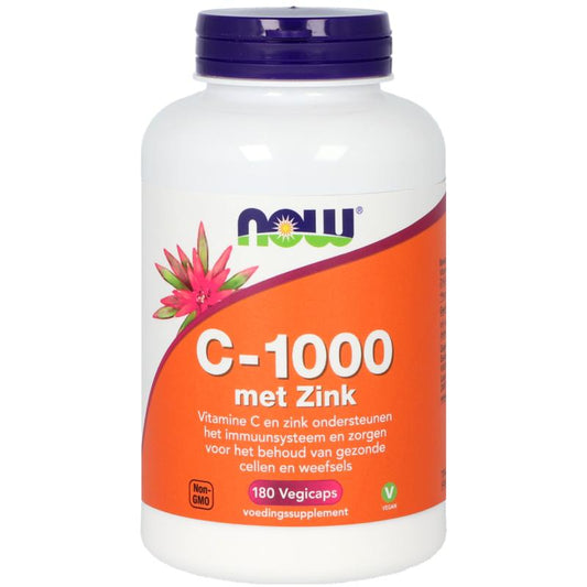 NOW C-1000 with Zinc vegetarian capsules, dietary supplement in white bottle with colorful label, vitamin multivitamin product.