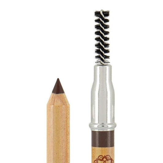 Boho Green Makeup brow pencil in shade 03 Brun, natural makeup look, featuring a green packaging design and product tip visible.