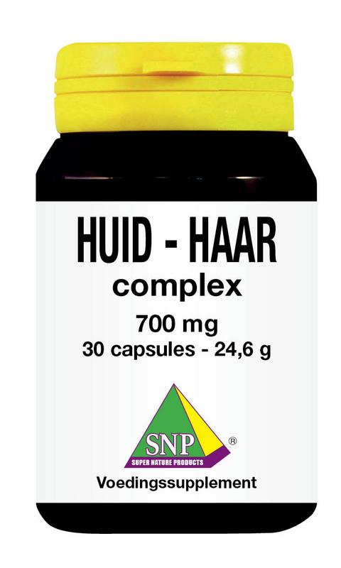 SNP Huid Haar Complex multivitamin capsules, 30-count, dietary supplement for skin and hair health, shown in bottle with capsules