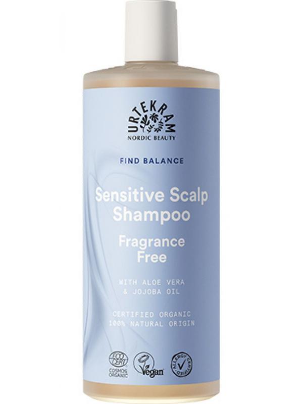 Urtekram Find Balance shampoo bottle, 250ml, scent-free hair care product with a white and green label on a white background.