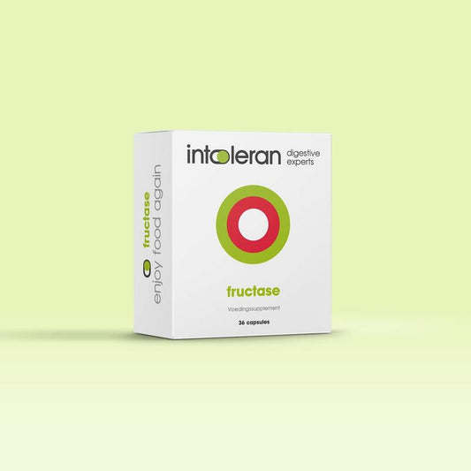 Intoleran Fructase capsules, dietary fiber and enzyme supplement, shown in a bottle with 36 capsules.