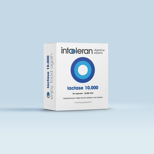 Intoleran Lactase 10,000 capsules, enzymatic supplement for lactose intolerance, with fiber and enzymes in a 36-count bottle.