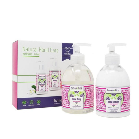 Human+Kind vegan hand soap and hand cream set for hand care, featuring natural ingredients and eco-friendly packaging.