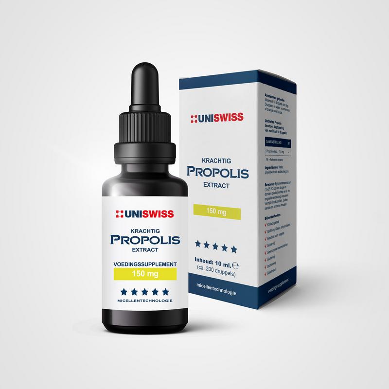 Uniswiss Propolis in a 10ml dropper bottle, natural bee propolis extract for health and wellness.