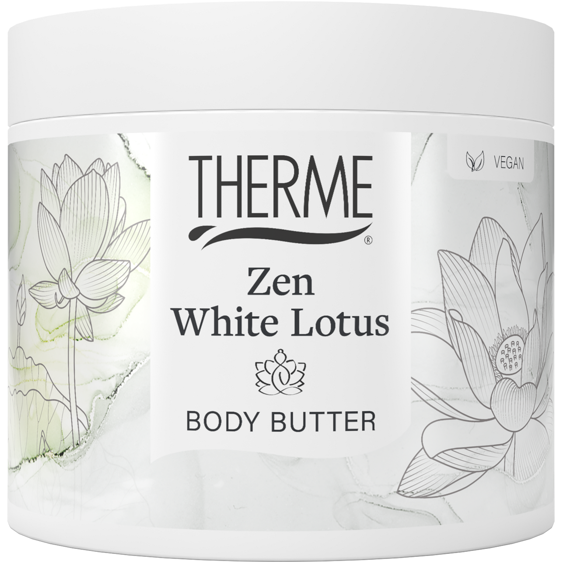 Therme Zen white lotus body butter in 225g jar, creamy moisturizer for smooth, nourished skin, featuring floral white lotus scent.