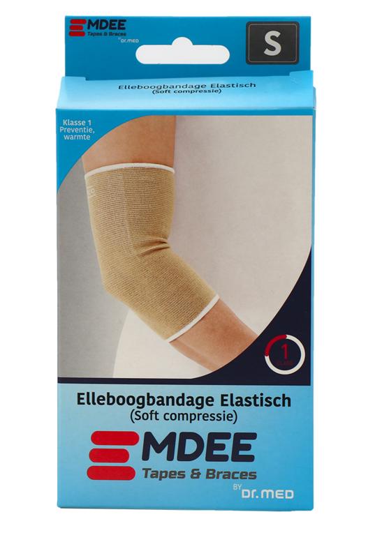 Emdee elastic support bandage for elbow, size S, skin color, shown wrapped around the elbow joint.