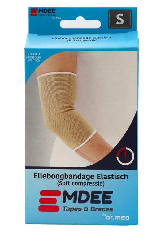 Emdee elastic support bandage for elbow, size S, skin color, shown wrapped around the elbow joint.