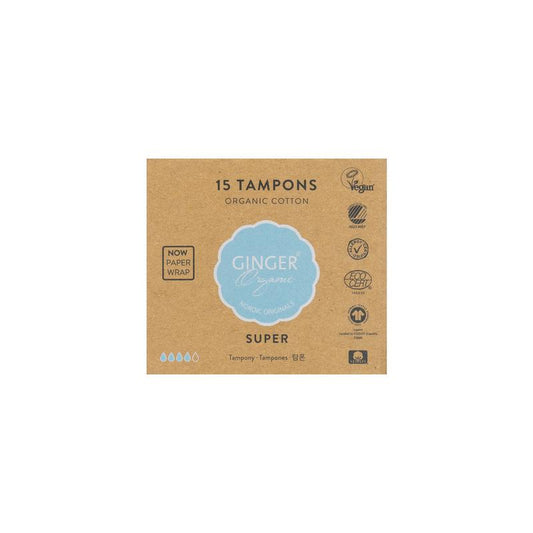 Organic Ginger Tampons super pack with 15 units, natural feminine hygiene product from Ginger Organic.