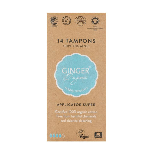 Organic Ginger Tampons with super applicator, 12-pack, for women’s menstrual hygiene, natural and eco-friendly feminine product.