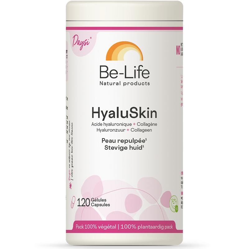 Be-Life Hyaluskin 120 capsules, multi-vitamin supplement with hyaluronic acid and nutrients in a clear bottle.