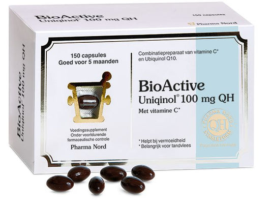 Pharma Nord Bio Active Ubiquinol Q10 100mg capsules, dietary supplement for energy support, with 150 softgel capsules in bottle.