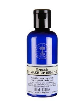 Neals Yard Remedies eye makeup remover in a 100ml bottle, gentle facial skincare product for removing eye makeup.