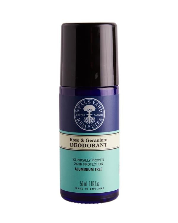 Neals Yard Remedies Rose and Geranium roll-on deodorant in a 50ml bottle, featuring floral scent and natural ingredients.