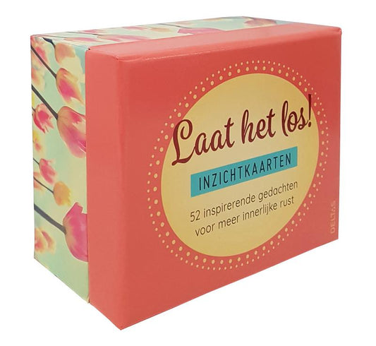 Set of Deltas Laat het los inzichtkaarten, featuring colorful printed cards with motivational messages and illustrations.