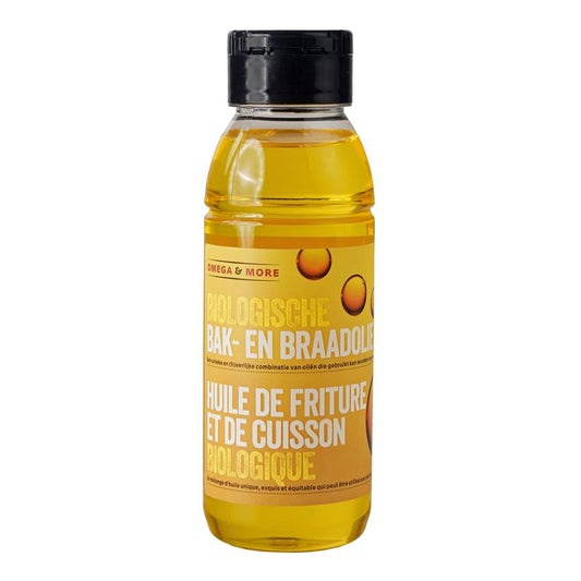 Omega & More Bak & Braadolie bio, 330ml, organic cooking oil in a clear bottle with a screw cap.