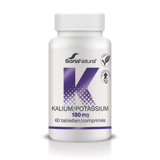 Soria Natural Kalium potassium 180mg mineral tablets, 60 count, showing the bottle with tablets inside.