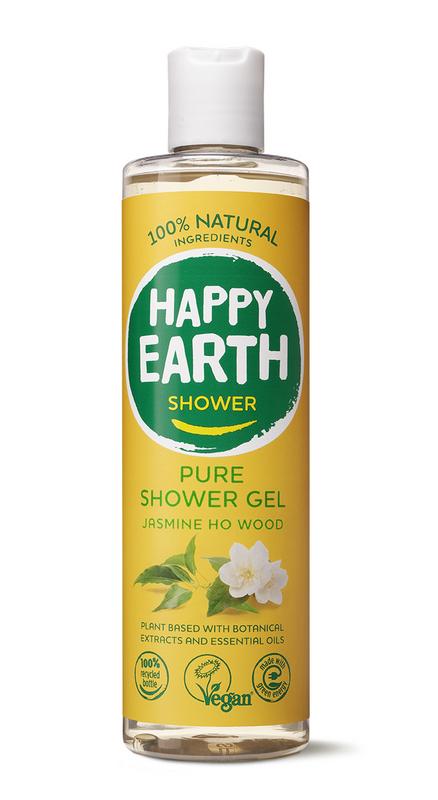 Happy Earth jasmine wood shower gel in 300ml bottle, natural bad en douche with floral fragrance, shown in the image.