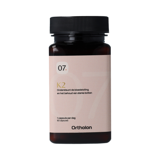 Ortholon Vitamin K2 capsules in a bottle, dietary supplement for bone and cardiovascular health.