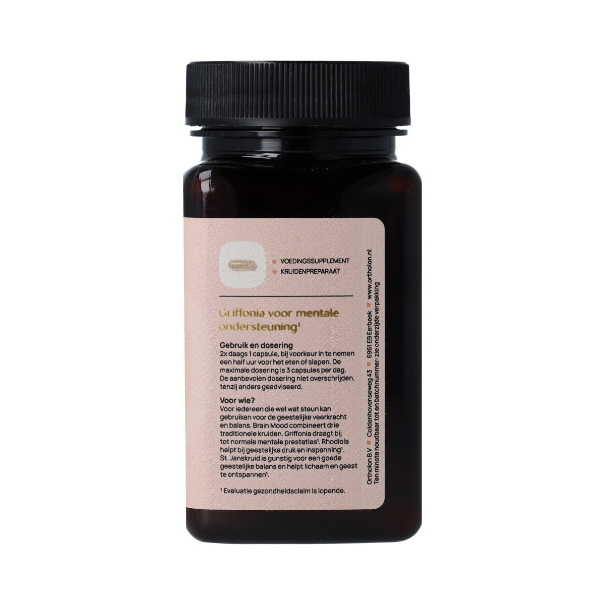 Ortholon Brain Mood capsules in a bottle, herbal supplement for mood support, from the Ortholon brand.