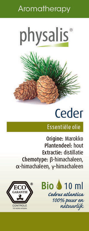 Physalis Ceder bio essential oil in 10ml bottle, natural cedarwood aroma, organic etherische oliën product.