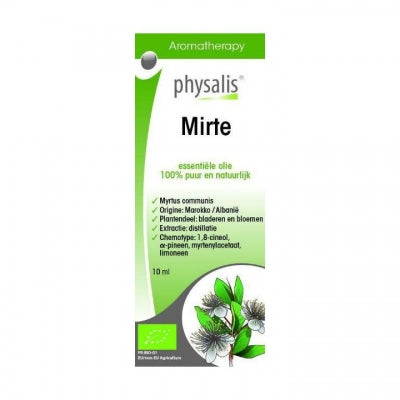 Physalis Mirte bio herbal preparation in 10ml bottle, part of Physalis kruidenpreparaten collection, with label and dropper cap visible.