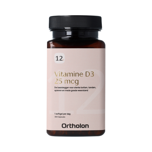 Ortholon Vitamin D3 softgels in bottle, showing 25mcg dosage, 300 count, natural supplement for bone health
