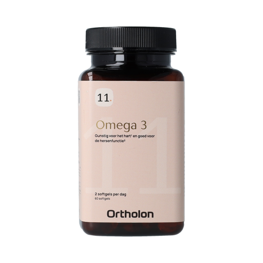 Ortholon Omega 3 Vetzuren softgel capsules in a transparent bottle, showcasing the dietary supplement for heart and brain health
