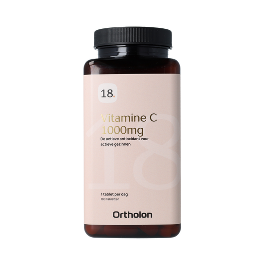 Ortholon Vitamin C 1000mg tablets in a bottle, showing the supplement packaging and tablets inside.