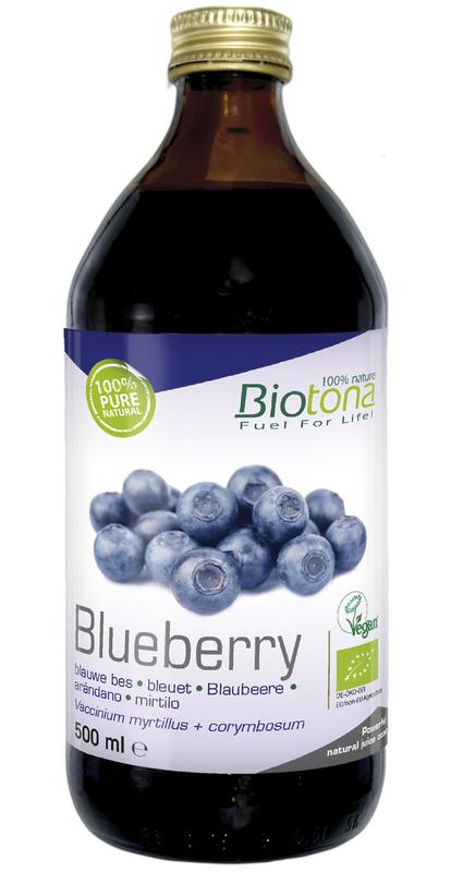 Biotona Blauwe Bes Concentraat bio in 500ml bottle, natural blueberry juice concentrate for drinks and smoothies.