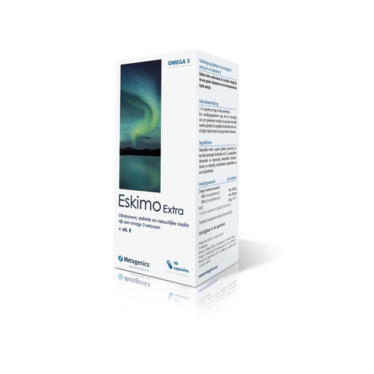 Metagenics Eskimo Extra Vetzuren supplement in a bottle of 90 capsules, featuring omega-3 fatty acids for health support.