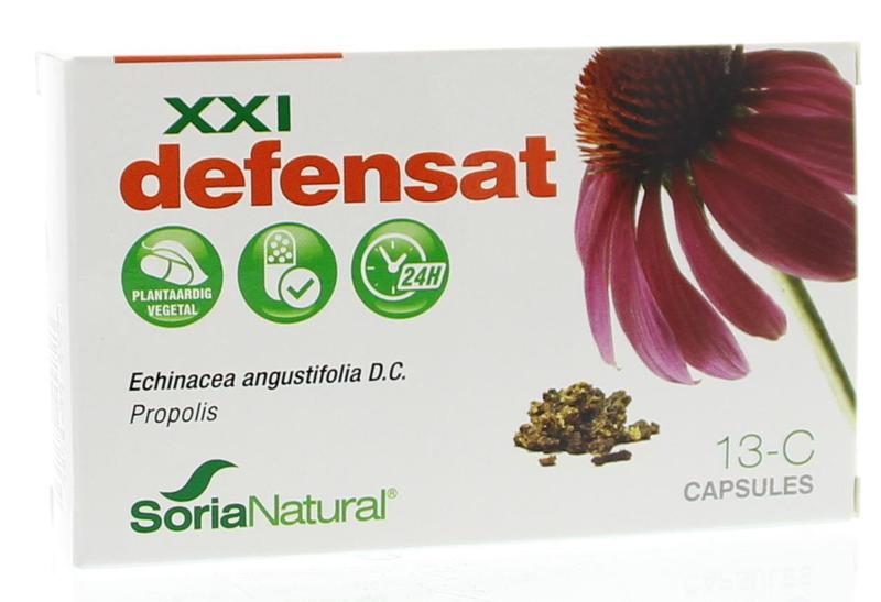 Soria Natural Defensat 13-C XXI herbal supplement capsules in a white bottle with label, designed to support immune health.