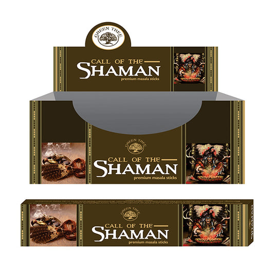 Green Tree Call of the Shaman incense sticks, 15 grams, with green packaging and aromatic incense sticks visible.